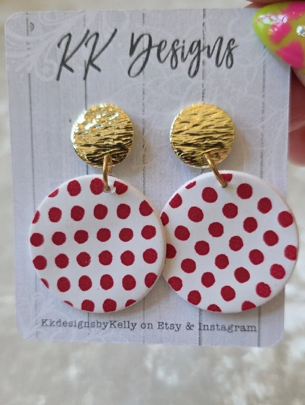 NWT KK Designs Gold With White And Red Polka Dots Earrings - Picture 3 of 4